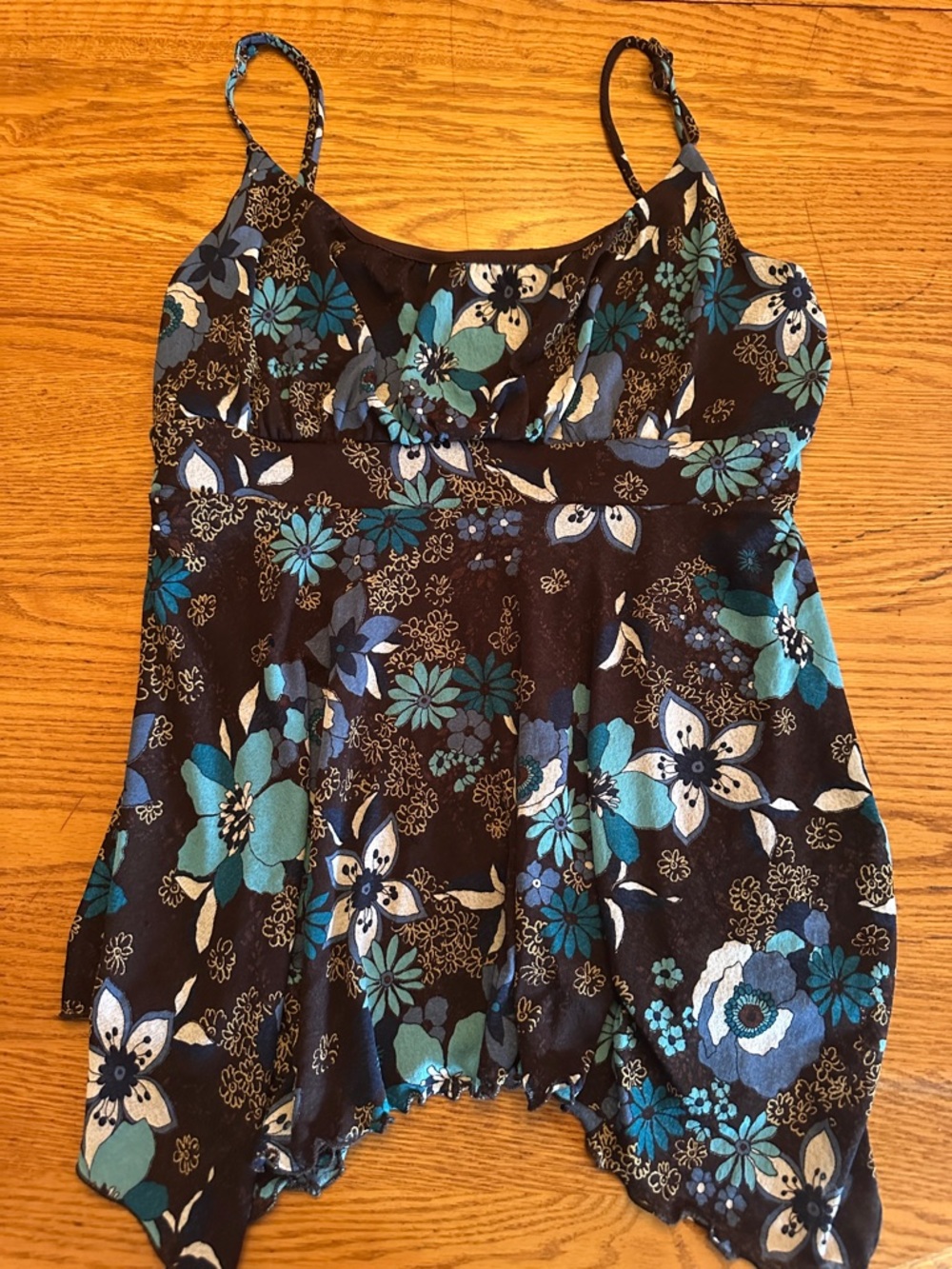 Floral Spaghetti-Strap Nightie Teal & Black